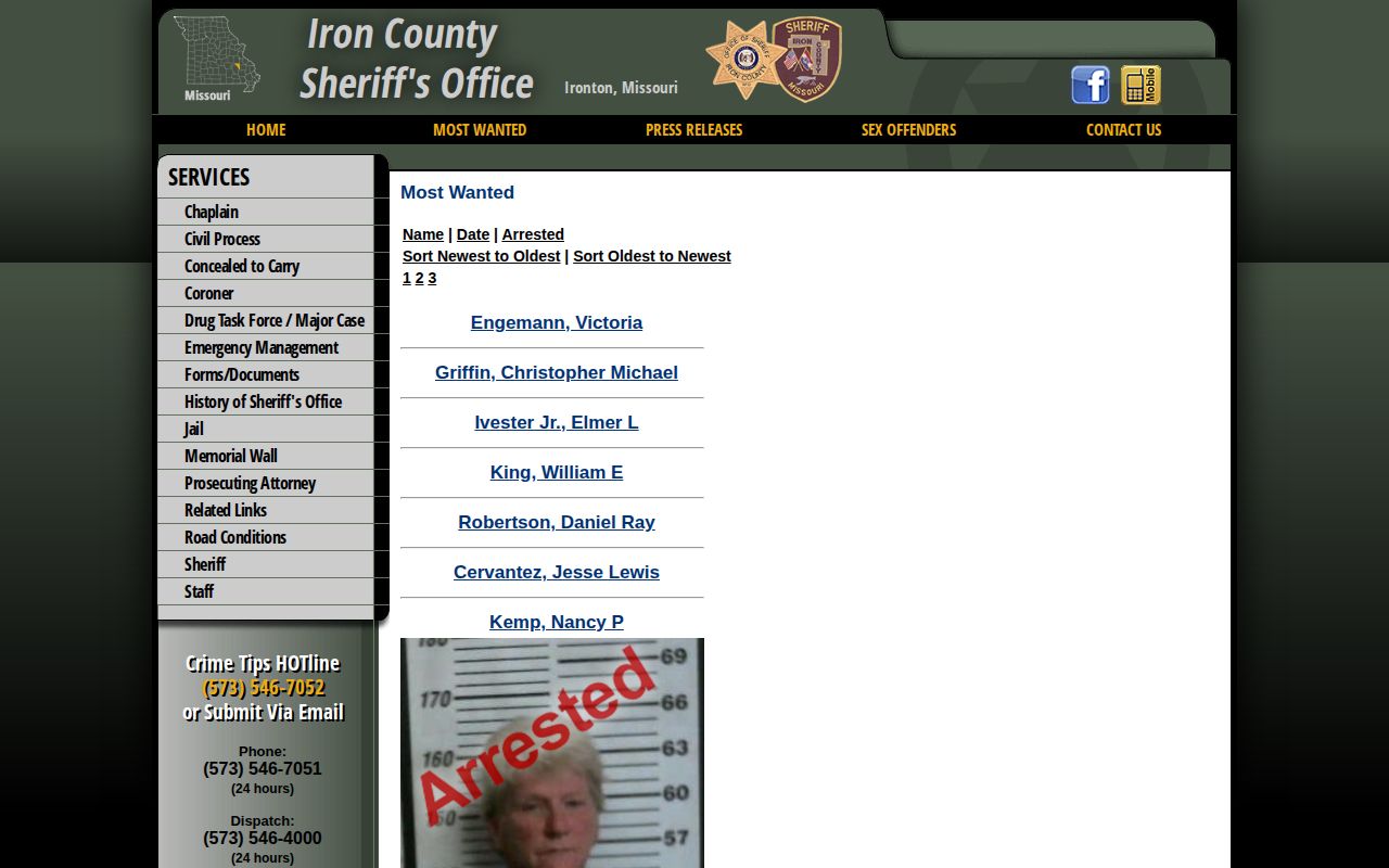 Dated Iron County Sheriff wanted page with status sorting controls