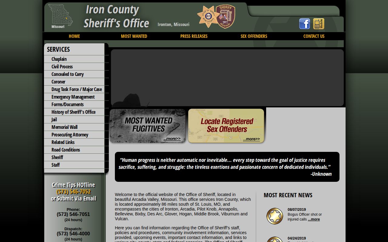 Iron County Sheriff's Office website without a live inmate roster