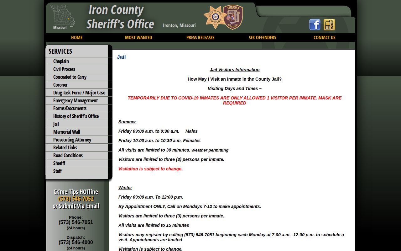 Iron County Sheriff jail contact and visitation page without inmate roster controls