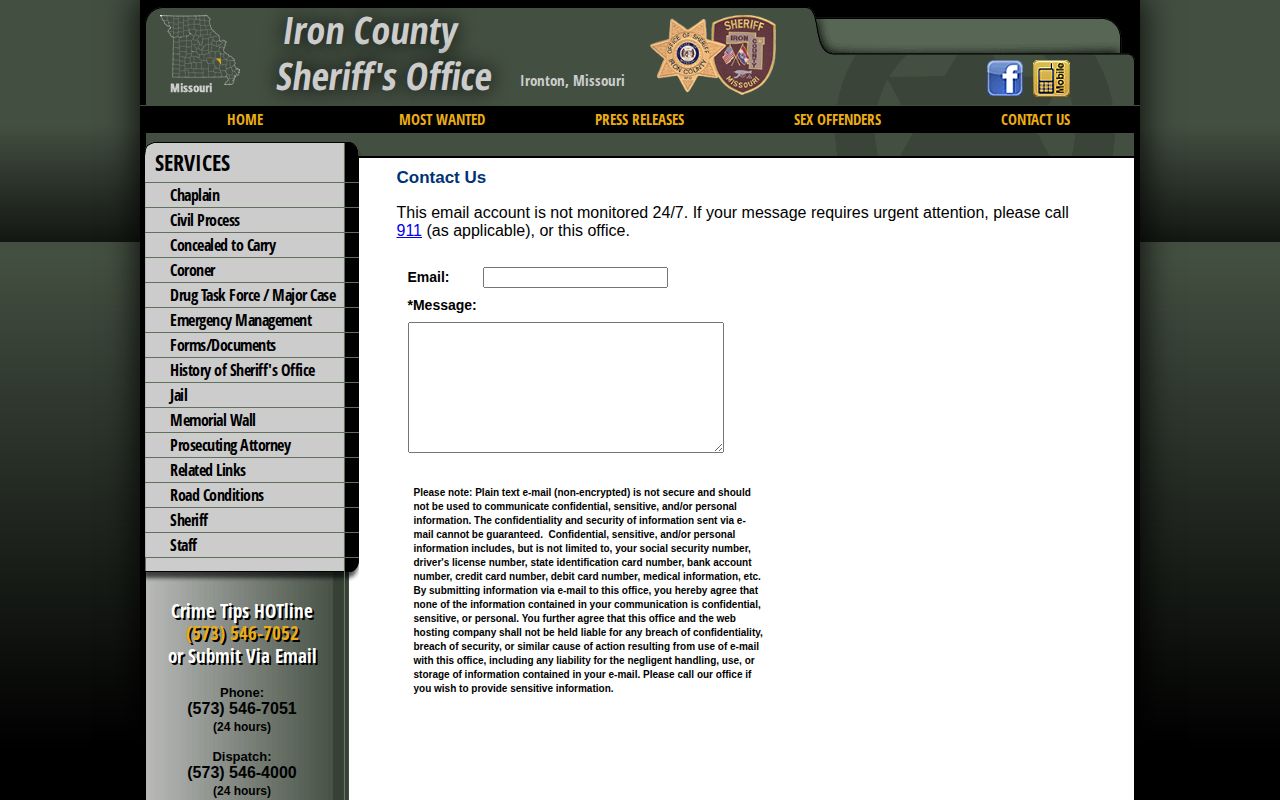 Iron County Sheriff contact page warning about response time and sensitive information