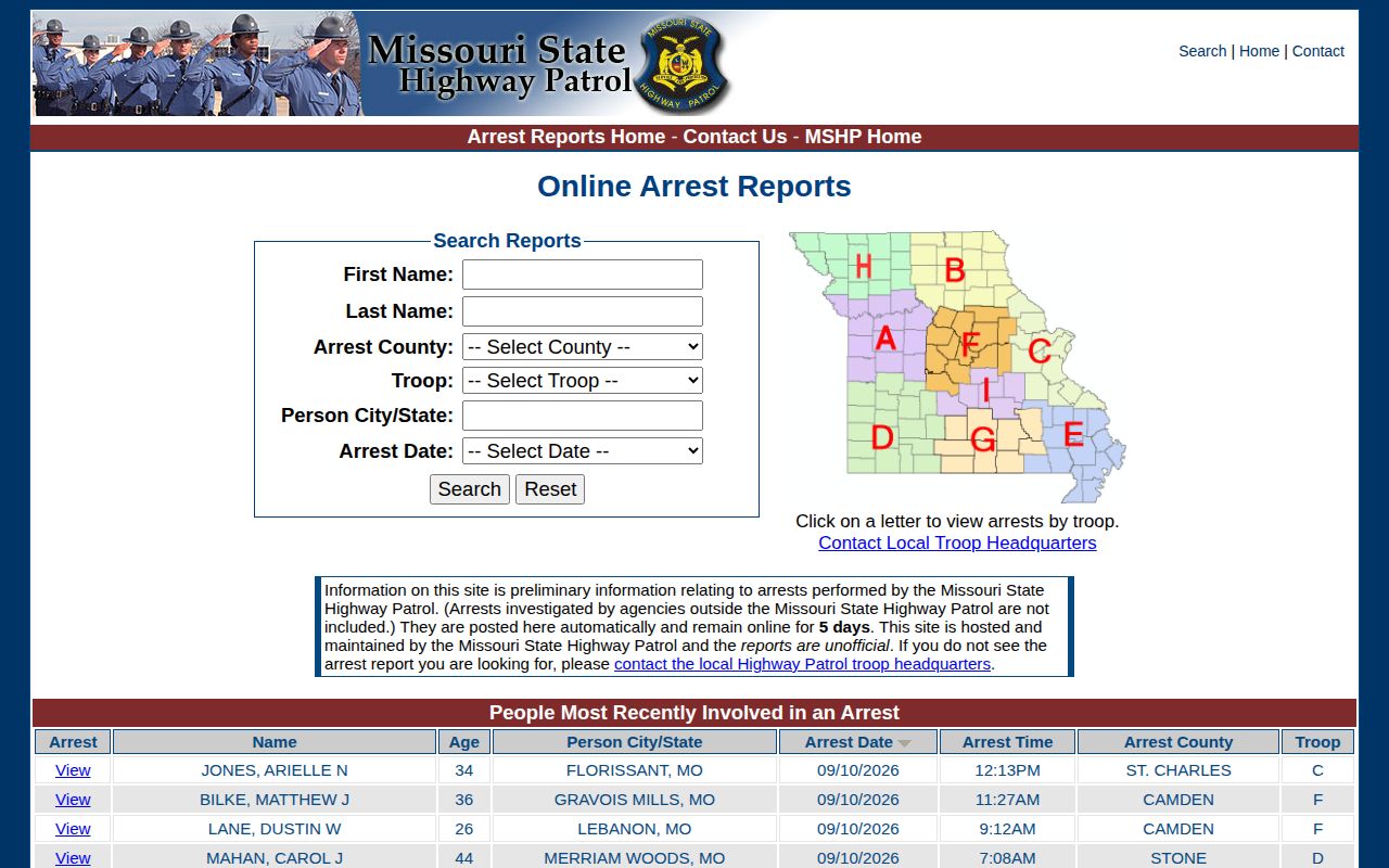 Missouri State Highway Patrol arrest report search fields and five-day notice