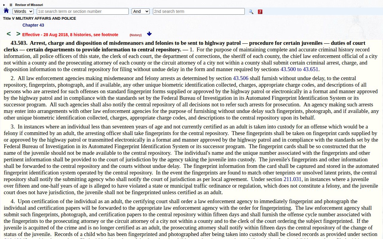 Missouri statute covering submission of arrest photographs and biometric records